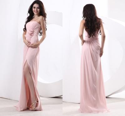 China Pink A Line Chiffon Strapless Bridesmaid Wedding Dresses with Split Front / Flower Ruffles for sale