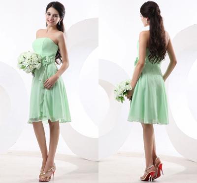 China Light Green Chiffon Knee Length Evening Dresses Strapless with Flower Ruffles for sale