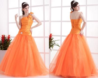 China Orange One Shoulder Ball Gown / Crystal Bow Pleated Pretty Quinceanera Dresses for sale