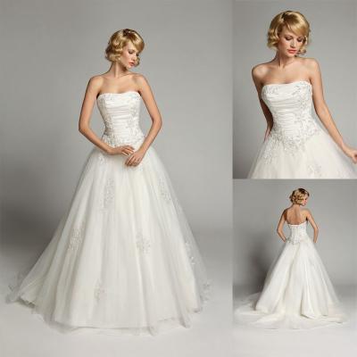 China Beautiful White Organza Pleated Strapless Wedding Gowns with Long Train for sale