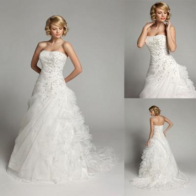 China A Line Organza Teried Ruffles Strapless Wedding Gowns with Beaded Flower Applique for sale