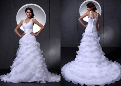 China Decote em V branco vestidos de casamento perlados de Organza das flores com trem da corte à venda