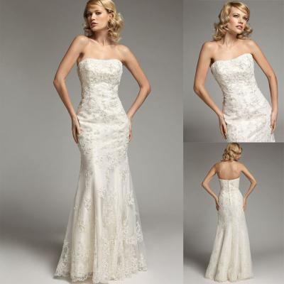 China Sheath Lace Strapless Wedding Dresses Floor Length Appliques Wedding Dress for sale