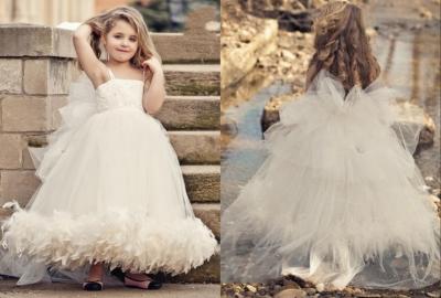 China White Spaghetti Fur Long Tulle Unique Flower Girl Dresses / Bow Knot Ball Gown for sale