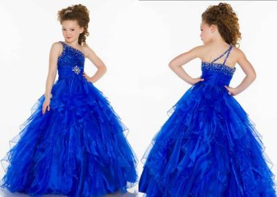 China Custom Blue One Shoulder Little Girl Pageant Dresses Tiered Ruffles Ball Gown for sale