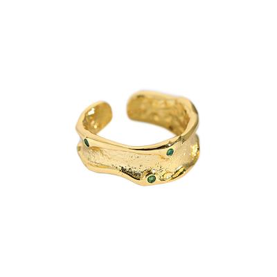 China Vintage Women Texture Simple Gold Resizeable Green Irregular CZ 18K Gold Plated 925 Sterling Silver Ring for sale