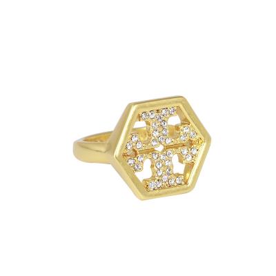 China Wholesale Vintage Fashion TB Brand Hexagon Double T Logo Ring Vintage Diamond Hollow Gold Plated Ladies Rings for sale