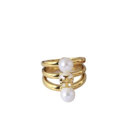 China Vintage fashion jewelry trend inlaid logo freshwater gold-plated three-layer double T personality ring wide pearl ring for sale