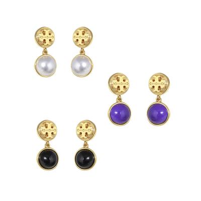 China Vintage Fashion TB Jewelry European American Logo Black Pearl Earrings Gold Plated Elegant Pearl Dangle Earrings for sale