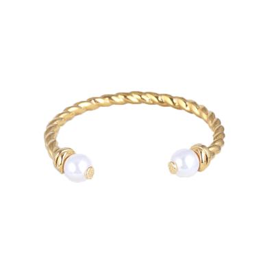 China High Quality Vintage Fashion Copper Gold Plated Tory Pearl Open Bangle Retro Gold Burch Icon Ladies Spiral Bangle for sale