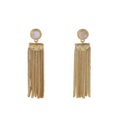 China Vintage fashion earrings long brand jewelry retro TB American European matte gold chain tassel inlaid shell ladies earrings for sale