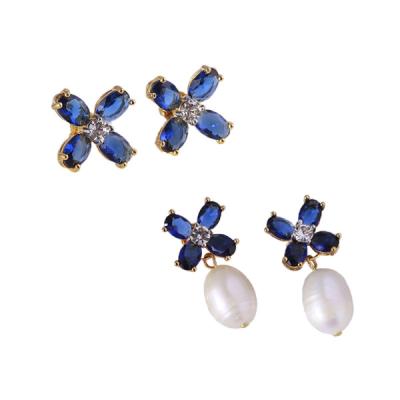 China Exquisite vintage fashion niche brand TB flower pearl blue crystal earrings inlaid retro diamond ladies stud earrings jewelry for sale