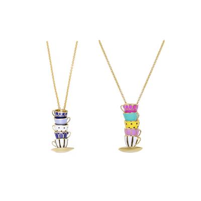 China Vintage Fashion Brand Unique Chandelier Cup Kate Tricky Teacup Long Necklace Enamel Slide Sweater Chain Pendant Ladies for sale