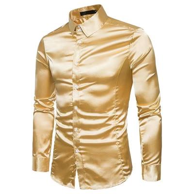 China 2021 New Autumn European Men's Solid Color Breathable Casual Bright Face Long Sleeve Slim Lapel Shirt for sale