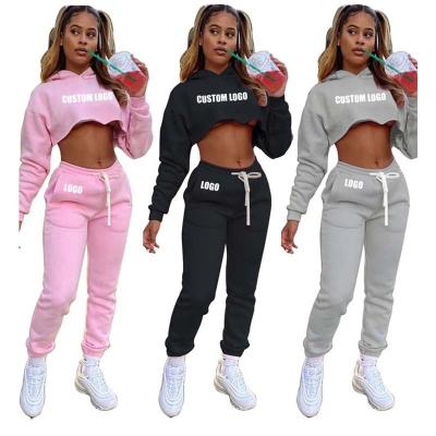 China Anti-wrinkle Ladies Custom Logo Short Style Crop Top Hoodie Women Gym Clothing Sweat Track Two Piece Womens Sportsuit for sale