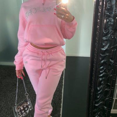 China Anti-wrinkle Women Plain Set Jogging Sweatsuit  Oversize Pink Hot Sale Custom Design Unsex Rhinestones Sweatsuit for sale