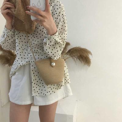 China Wholesale 2021 New Single-shoulder Beach Travel Pearl Cotton Rope Straw Handbags Mini Bohemian Simple Round Bag Woven Fashion Women's Straw Handbags for sale