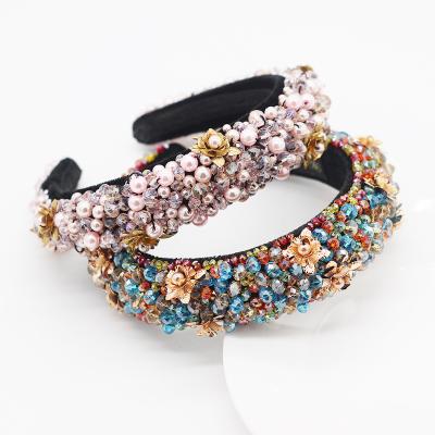 China Wholesale Fashionable Rhinestone Crystal Sponge Headband Flower Hot Selling Stock Design Headband Hair Jewelry Adorned Baroque Bands For Girls for sale