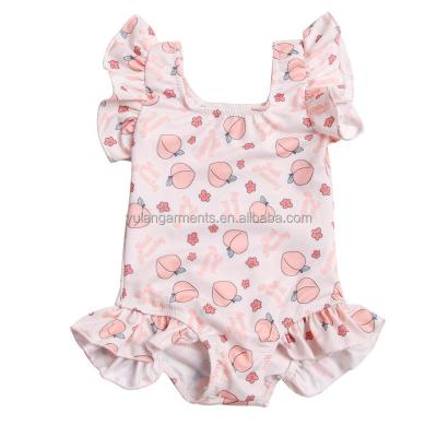 China Summer Baby Swimming Suit Flutter Casual One Piece Swimwear Cute Peach Printed Kids Girl Beach Swimsuit for sale