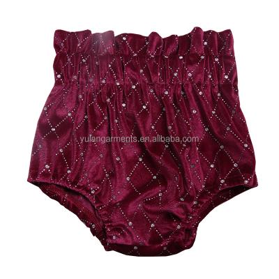 China New arrival boutique wine color Anti-wrinkle color baby super shiny cute shorts kids high waist ruffle velvet bloomies for sale