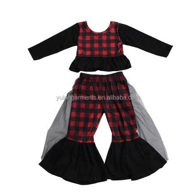 China Christmas Kids Clothing Plaid Pattern Kids Girl Casual Dress Two Piece Tops With Matching Bell Bottoms Clothes Sets for sale