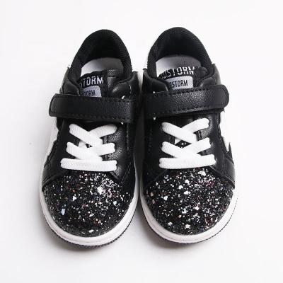 China Round Fashion Kids Glitter Breathable Casual Shoes Lace Up Black Lace Up Girls Shoes for sale