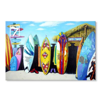 China Miami Beach Modern Handmade Surfboard Painting Canvas Oil Painting Colorful Wooden Framed for sale