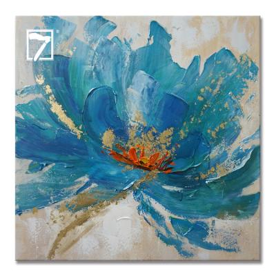 China Modern Handmade Canvas Painting Water Lily Blue Flower Oil Painting Lotus for Wall Decor for sale