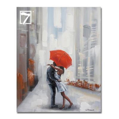 China Modern Hot Sale Street Art Lover Paintings Romantic Embrace Under The Red Umbrella Handpaint Oil Painting For Wall Decor for sale