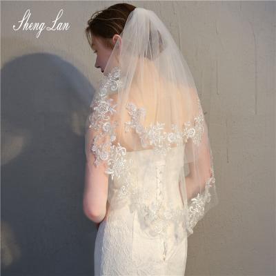 China Eco-friendly Materials Shenglan Sparkle Veil Delicate Bridal Wedding Veil Silver Yarn Floral Embroidery Lace Bridal for sale