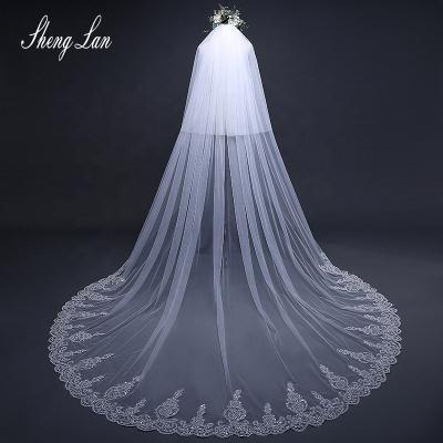 China Shenglan 3.8M Women Cathedral Wedding Long Bridal Veil Lace Sequins Eco-friendly Veil Materials Edge With Comb Bridal Accessories for sale