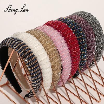 China Shenglan Material Friendly 3cm Crystal Girls Luxury Handmade Beaded Black Wide Braided Rhinestone Headband for sale