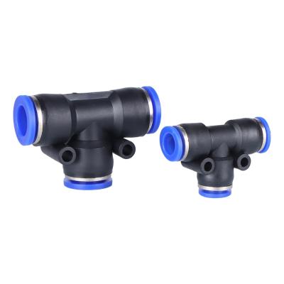 China Blue Plastic T Series Industry PE Air Duct Pipe Type Three Way Quick Connector One Touch Pneumatic Push In Fitting for sale