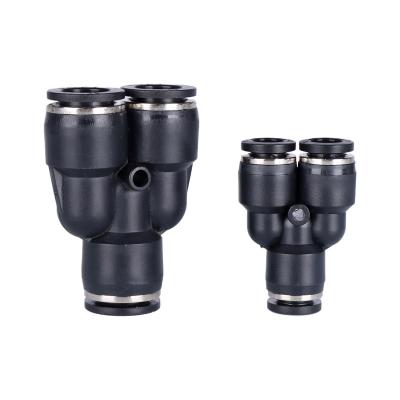 China Industry Plastic Black PY Series Y Form Three Way Air Duct Quick Connector One Touch Pneumatic Hose Push In Fitting for sale