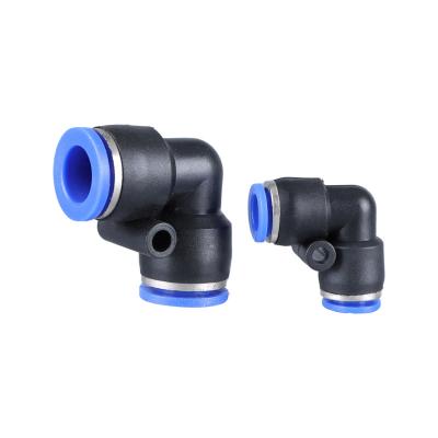 China Industry PV Plastic Blue Series L Shape 90 Degree Elbow Right Angle One Touch Air Duct Pipe Pneumatic Pusher Fitting for sale