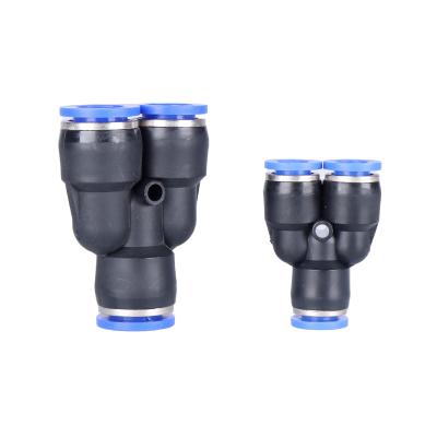 China Industry Plastic Blue PW Series Y Form Air Duct Connector Three Way Quick Union One Touch Pneumatic Pipe Pusher Fitting for sale