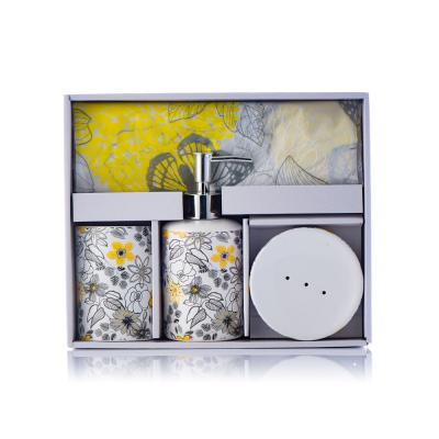 China Popular Flower 16PCS Designer Matching Bathroom Set Viable Yellow Ceramic Lotion Dispenser Bathroom Accessories Set For Home Style for sale