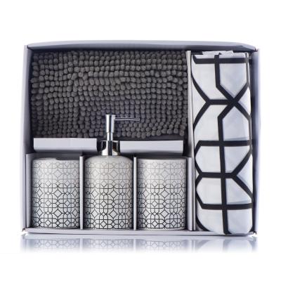 China 17PCS Sustainable Customized Gray Matching Geometric Designer Bathroom Accessory Sets With Matching Bath Curtain For Home for sale