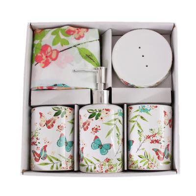 China Sustainable Butterfly Design 16PCS Matching Ceramic Bath Set With Soap Dish And Shower Curtain Set for sale