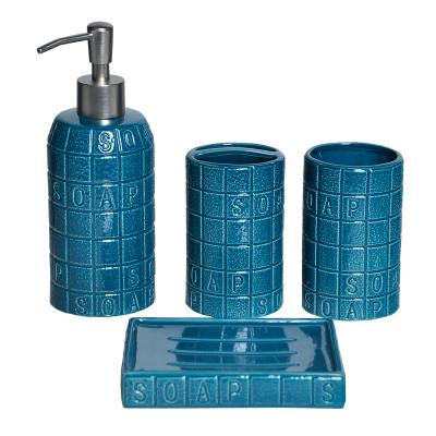 China Viable Blue Luxury Ceramic 4pcs Bathroom Set Bathroom Accessories Fixed Lotion Dispenser Toothbruh Holder Soap Dish for sale