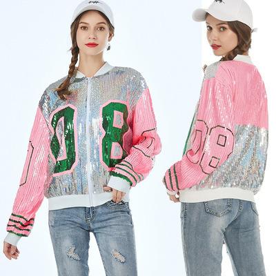 China new sequined jacket tops of the uniform 08 all-match brand baseball sequined long-sleeved jacket women's autumn and winter fashion Anti-wrinkle for sale