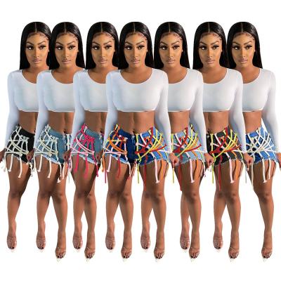 China 2022 European Nightclub Women Viable New Corn and American Grommet Bandage Stretch Wash Denim Shorts Shorts Gaiters Ladies for sale