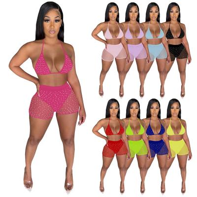 China 2022 Summer Breathable Wear Sexy Swimwear 2 Piece Shorts Set Casual Outfits For Women Beach Wear Mesh Sequins Two Pieces Set for sale