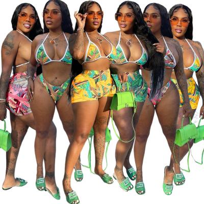 China 2022 summer breathable apparel sexy swimwear 3 piece shorts set casual outfits for woman beach wear printing three pieces set for sale