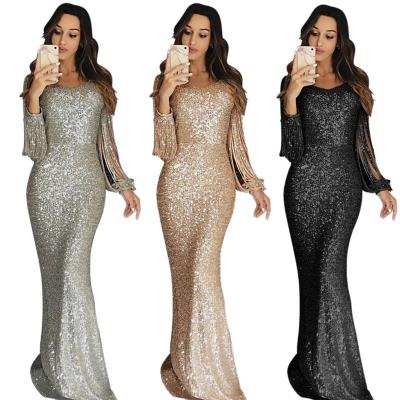 China Anti-Wrinkle Ladies Sleeve Apricot Fringed Evening Dress zan565- 2021 Long Maxi Sequin Evening Dress for sale