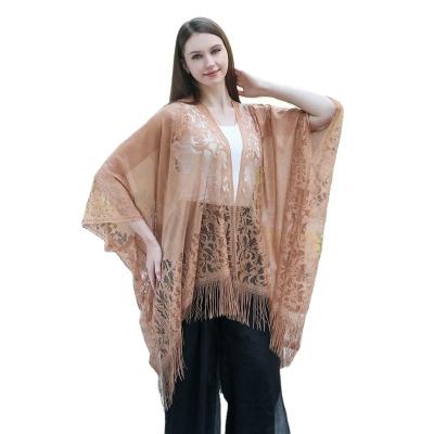 China Polyester Fashion Women Lace Up Kimono Cardigan Plus Size Cover Up Shawl Tassel Wraps Beach Capes for sale