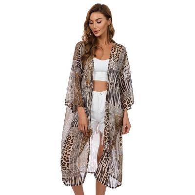 China Plus size women fashion summer women blouse leopard chiffon shirt beach blouse kimono long cardigan for sale