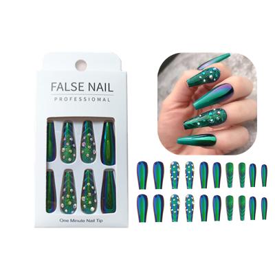 China Diamonds Are Not Easy To Fall Off Long Coffin 20pcs/Box Wearable Fake Nails Full Cover Nail Tips With Glue Ballerina Fake Nails With Diamond for sale