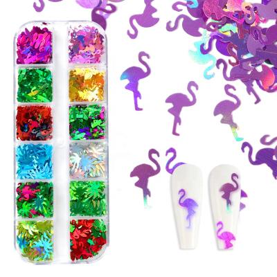 China 12Grid/Box Summer Nail Art Sequins Nail Sticker Colorful Flamingo Palm Eco-friendly Material Cactus Shape Holographic Glitter Flake Nail Supplies for sale