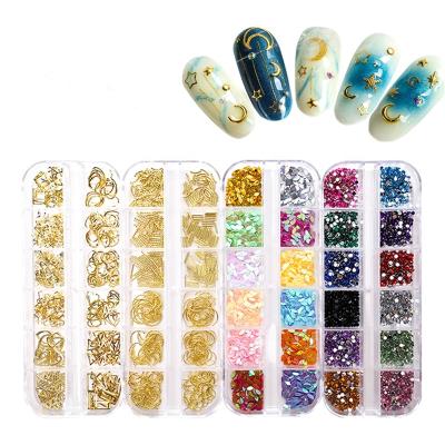 China Shell Nail Colorful Crystal Japanese Nail Art Rhinestones Metal Butterfly Geometry Rock 12 Grids Metal Rivet Decorations for sale